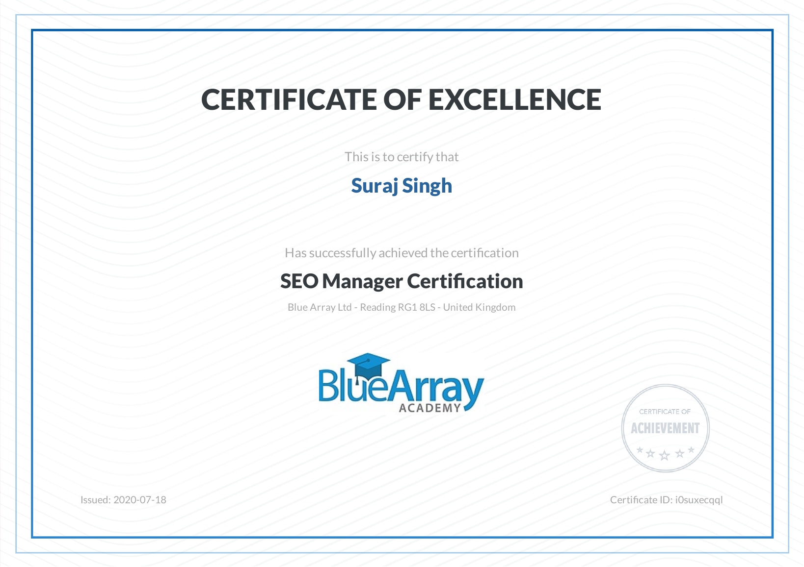 Suraj Rana SEO Manager Certitcation From Blue Array SEO